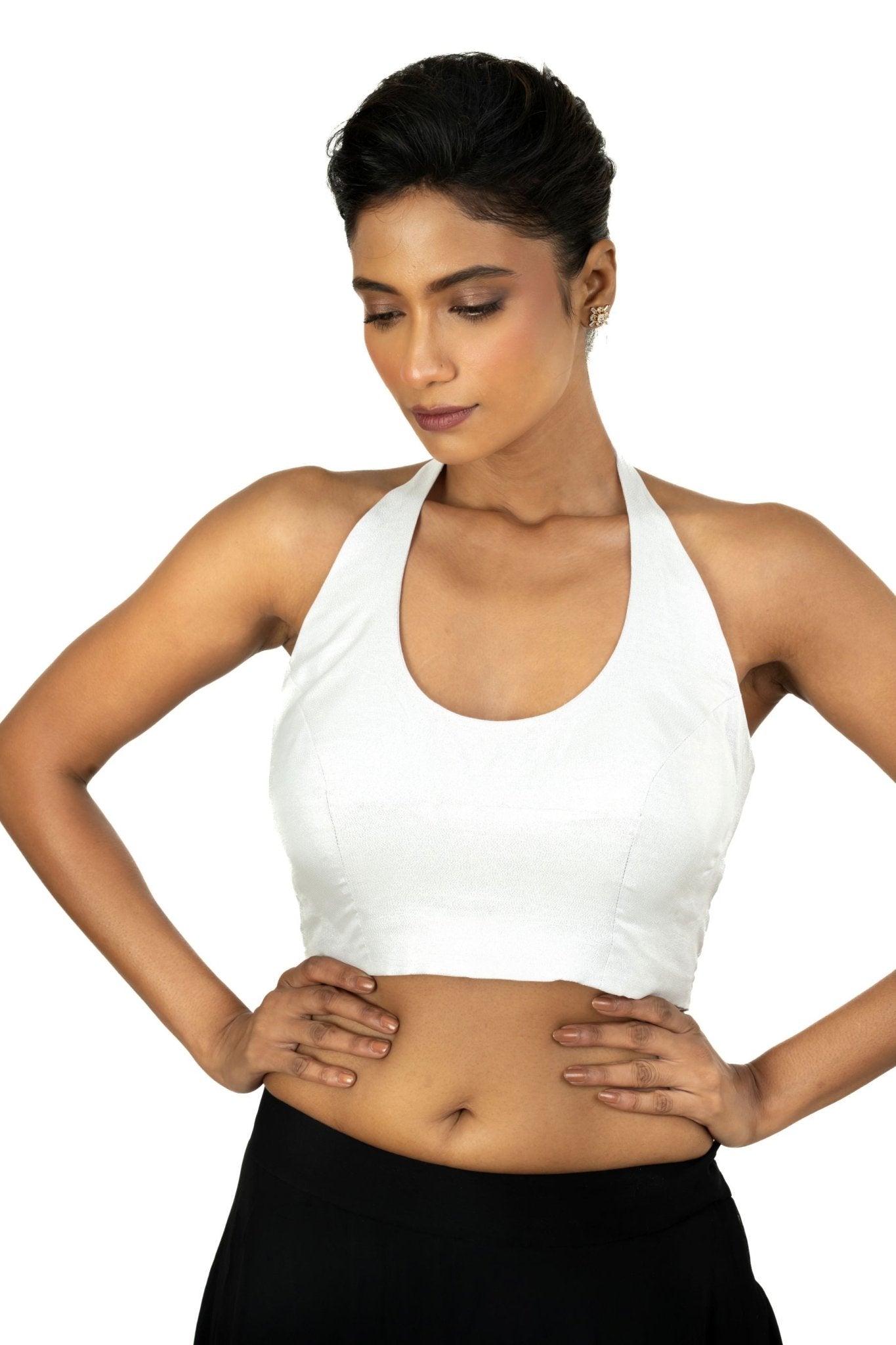 Silver Tissue Halter Neck Saree Blouse - Anvi Couture