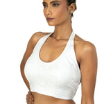 Silver Tissue Halter Neck Saree Blouse - Anvi Couture