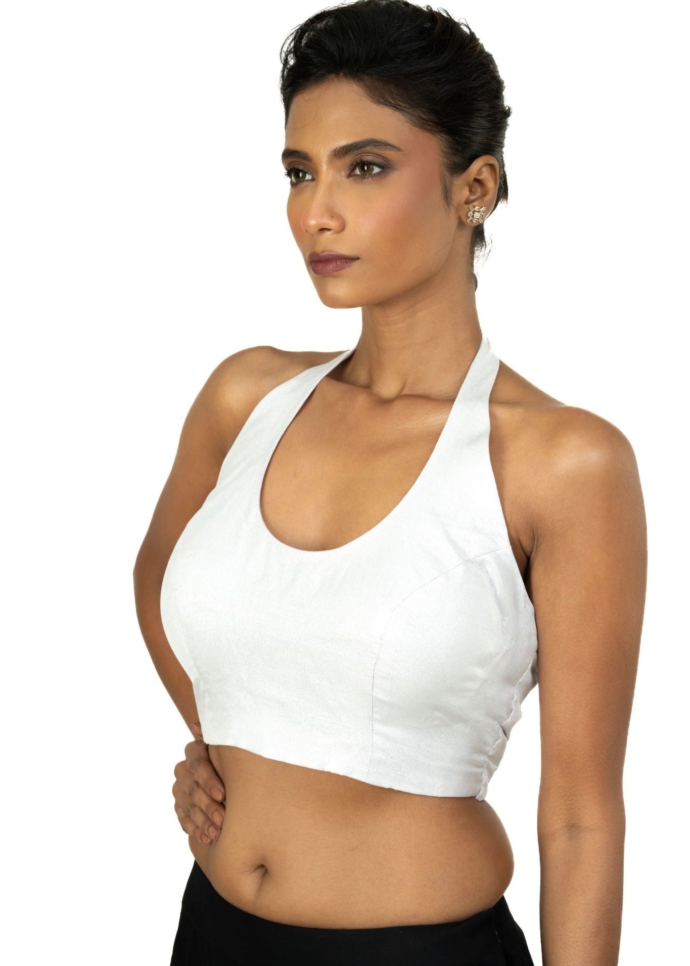 Silver Tissue Halter Neck Saree Blouse - Anvi Couture