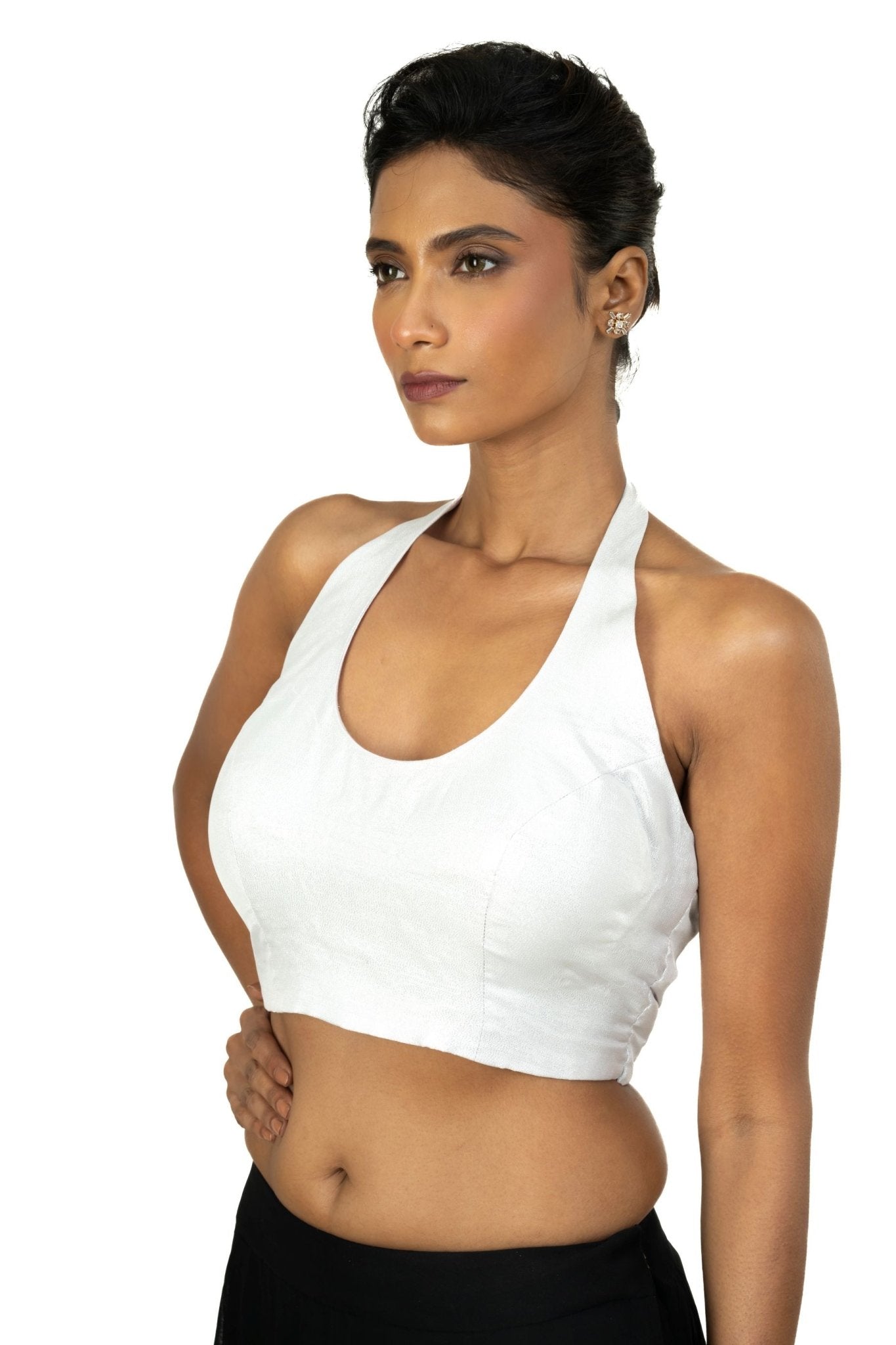 Silver Tissue Halter Neck Saree Blouse - Anvi Couture