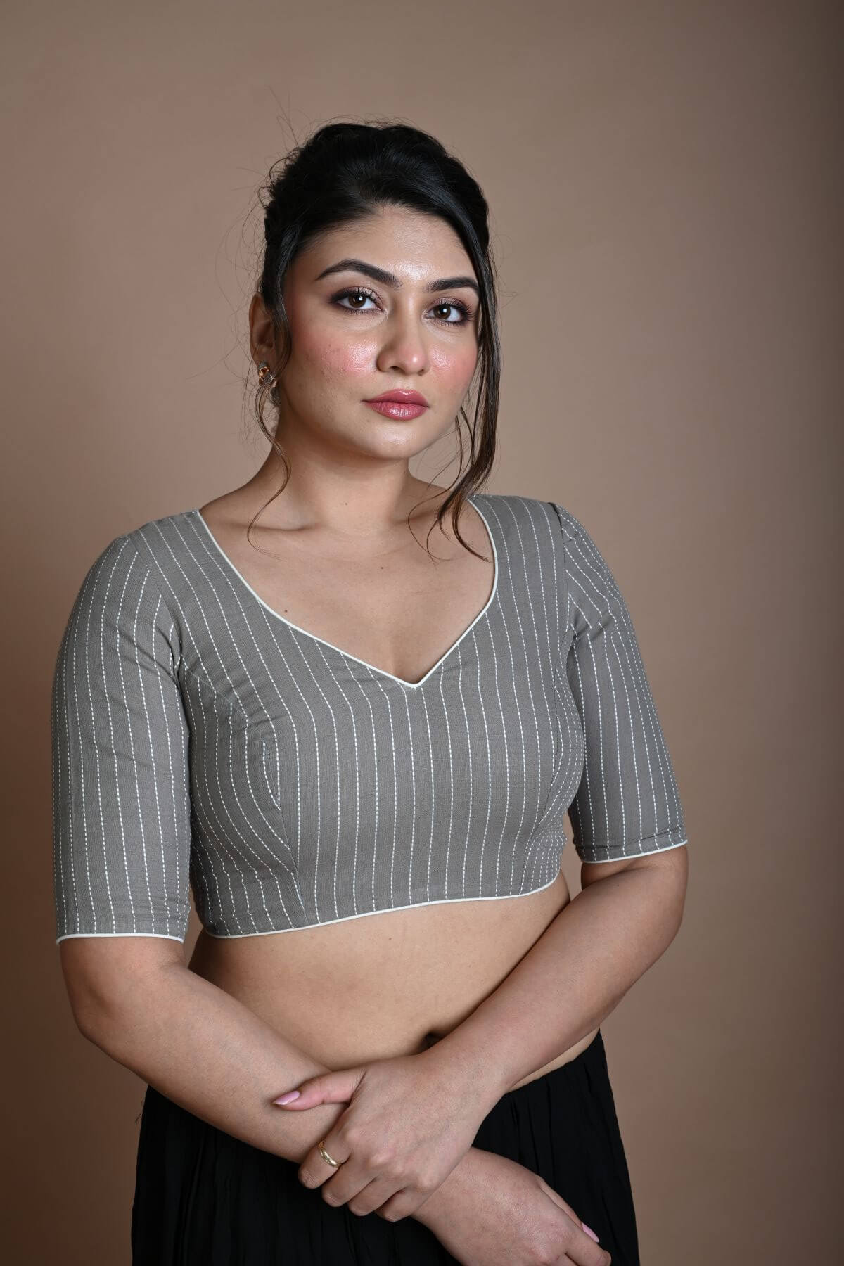 Gray Cotton Blouse with Half Sleeves and Back Circle Cutout - Anvi Couture - Image 1