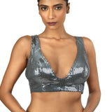 Grey Sequin Sleeveless Blouse with Plunging V Neckline - image 1