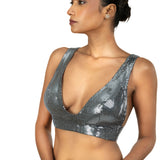 Grey Sequin Sleeveless Blouse with Plunging V Neckline - image 2