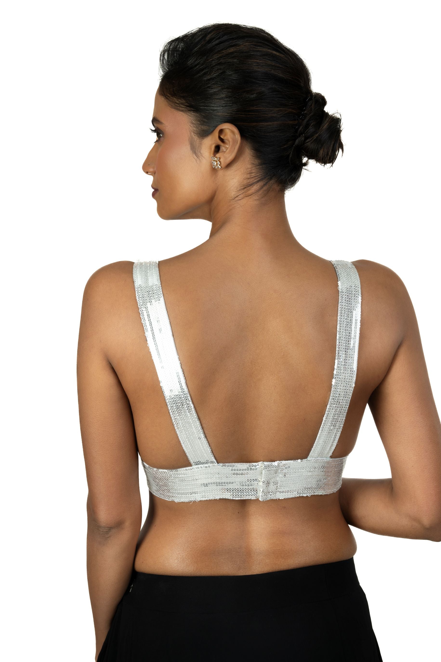 Silver Sequin Plunging V Neck Sleeveless Blouse - image 4