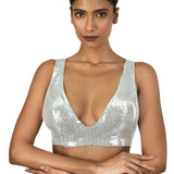 Silver Sequin Plunging V Neck Sleeveless Blouse - image 1