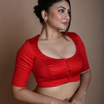 Red Round Neck Blouse in Cotton with Half Sleeves - Anvi Couture