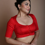 Red Round Neck Blouse in Cotton with Half Sleeves - Anvi Couture