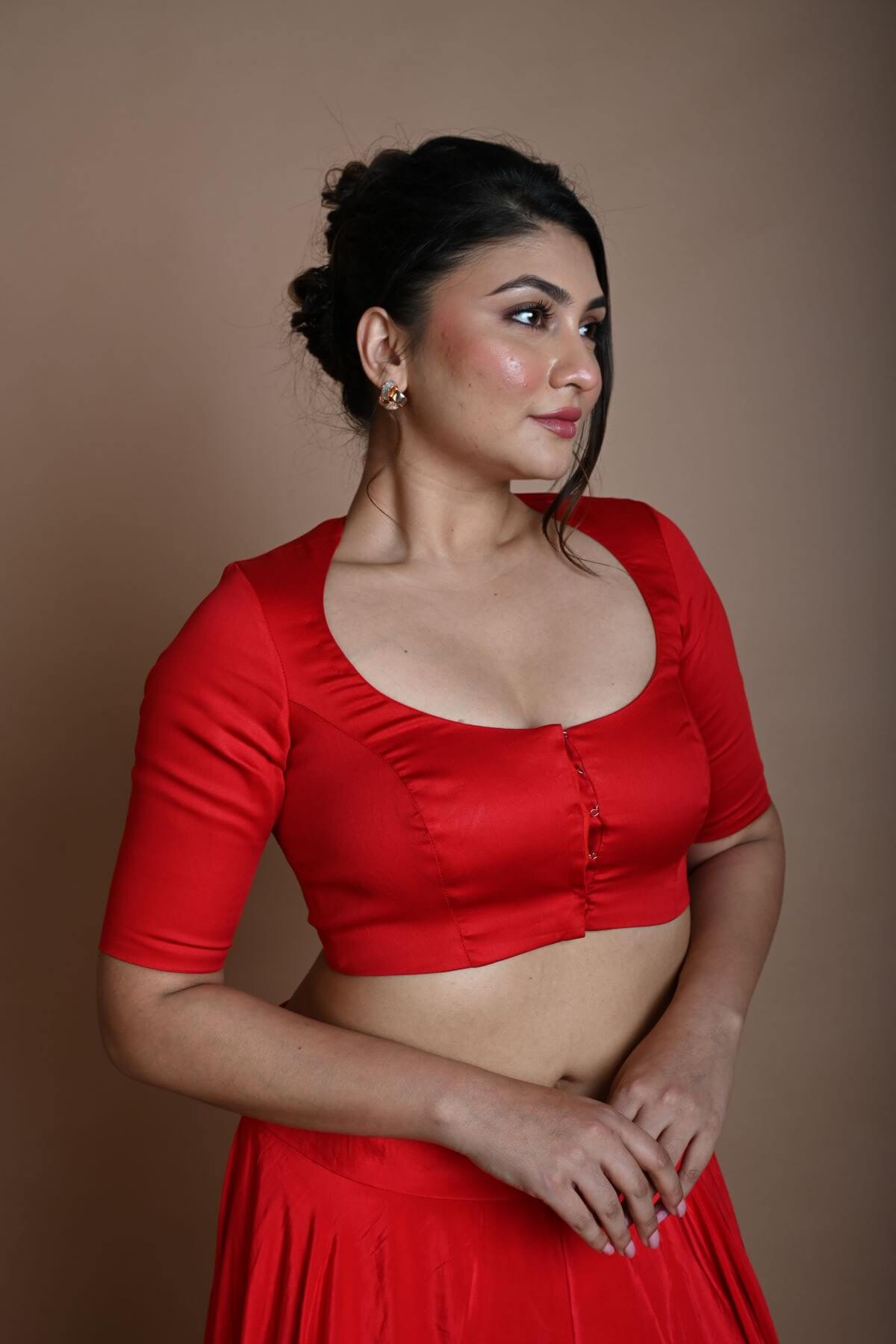 Red Round Neck Blouse in Cotton with Half Sleeves - Anvi Couture