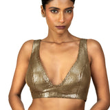 Antique Gold Sequin Plunging V Neck Sleeveless Blouse - image 1
