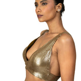 Antique Gold Sequin Plunging V Neck Sleeveless Blouse - image 3