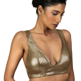 Antique Gold Sequin Plunging V Neck Sleeveless Blouse - image 2