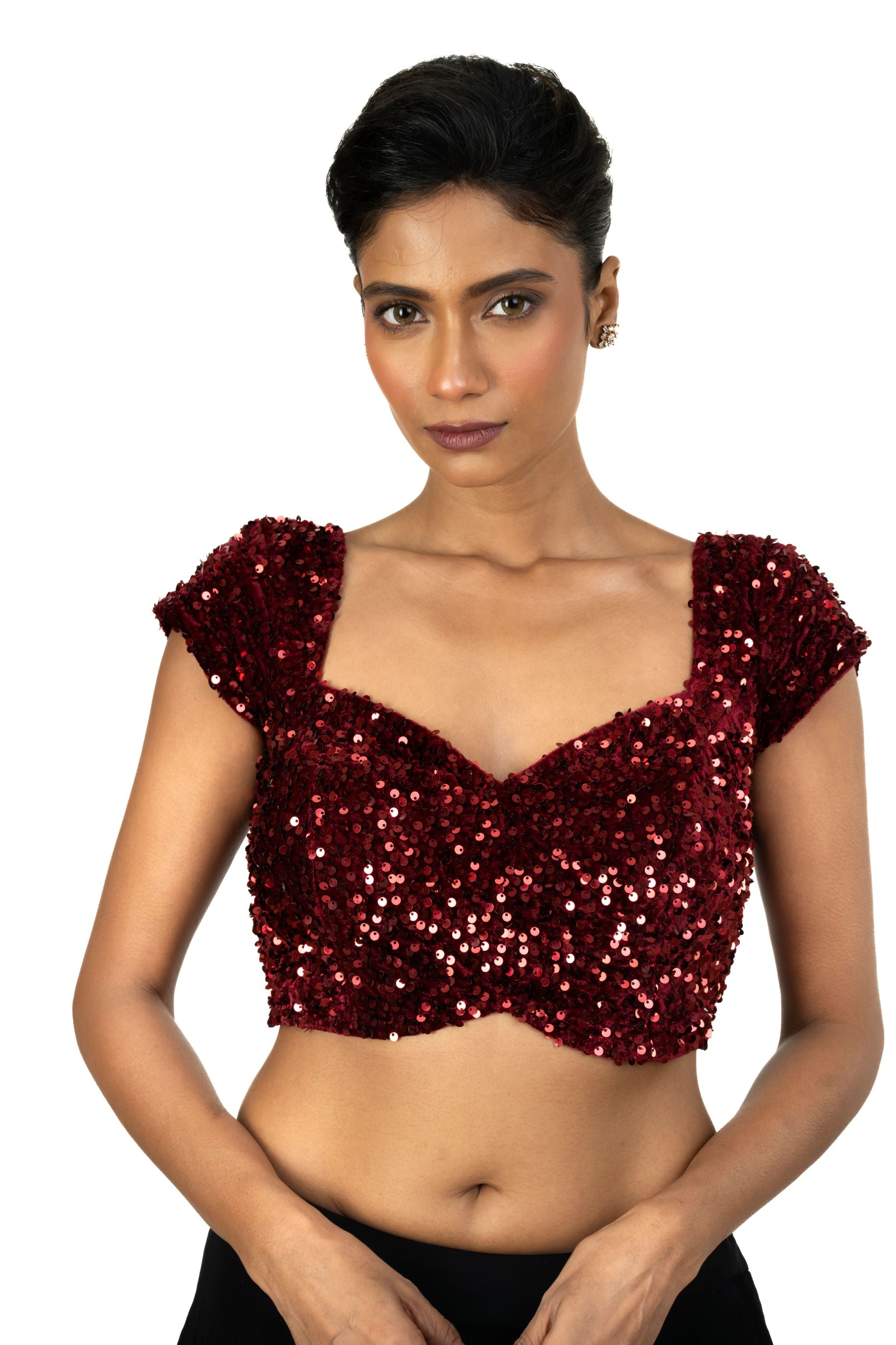 Maroon Sequin Velvet Blouse – Cap Sleeves, Sweetheart Neckline - image 1