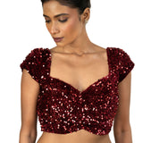 Maroon Sequin Velvet Blouse – Cap Sleeves, Sweetheart Neckline - image 2