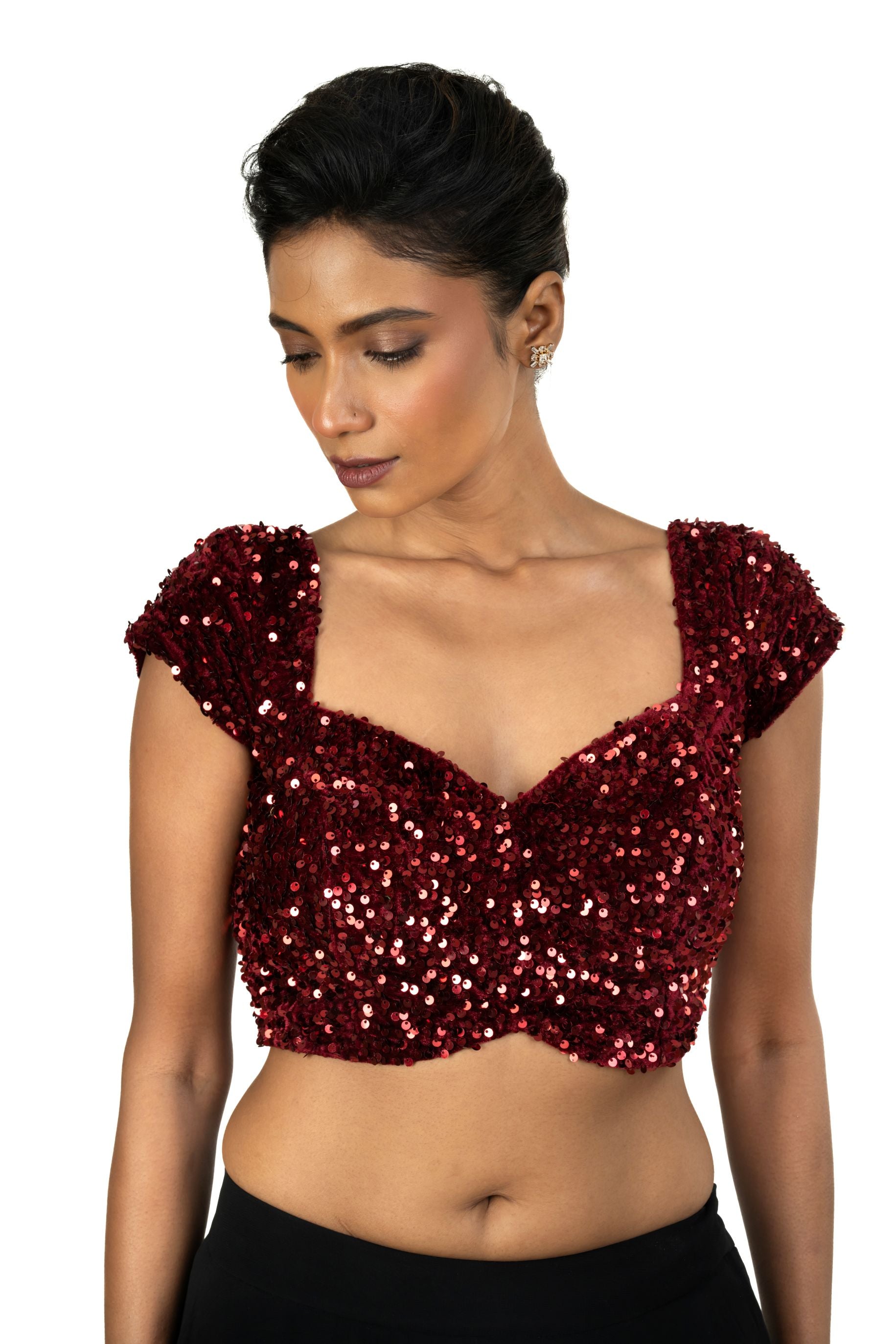Maroon Sequin Velvet Blouse – Cap Sleeves, Sweetheart Neckline - image 2
