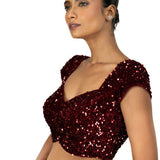 Maroon Sequin Velvet Blouse – Cap Sleeves, Sweetheart Neckline - image 3