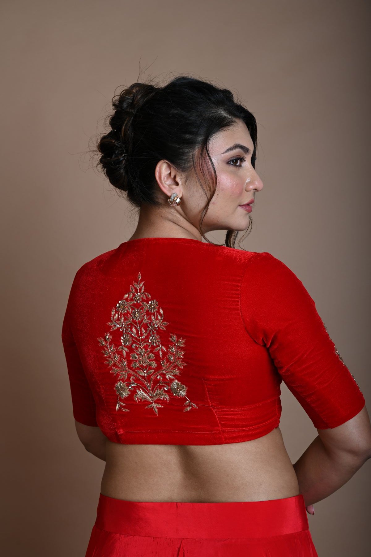 Red Bridal V Neck Blouse in Velvet with Half Sleeves and Hand Embroidery - Anvi Couture