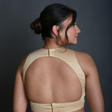 Cream Sleeveless Blouse in Cotton with Back Cutout with Deep V Neckline - Anvi Couture