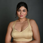Cream Sleeveless Blouse in Cotton with Back Cutout with Deep V Neckline - Anvi Couture