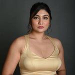 Cream Sleeveless Blouse in Cotton with Back Cutout with Deep V Neckline - Anvi Couture