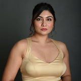 Cream Sleeveless Blouse in Cotton with Back Cutout with Deep V Neckline - Anvi Couture