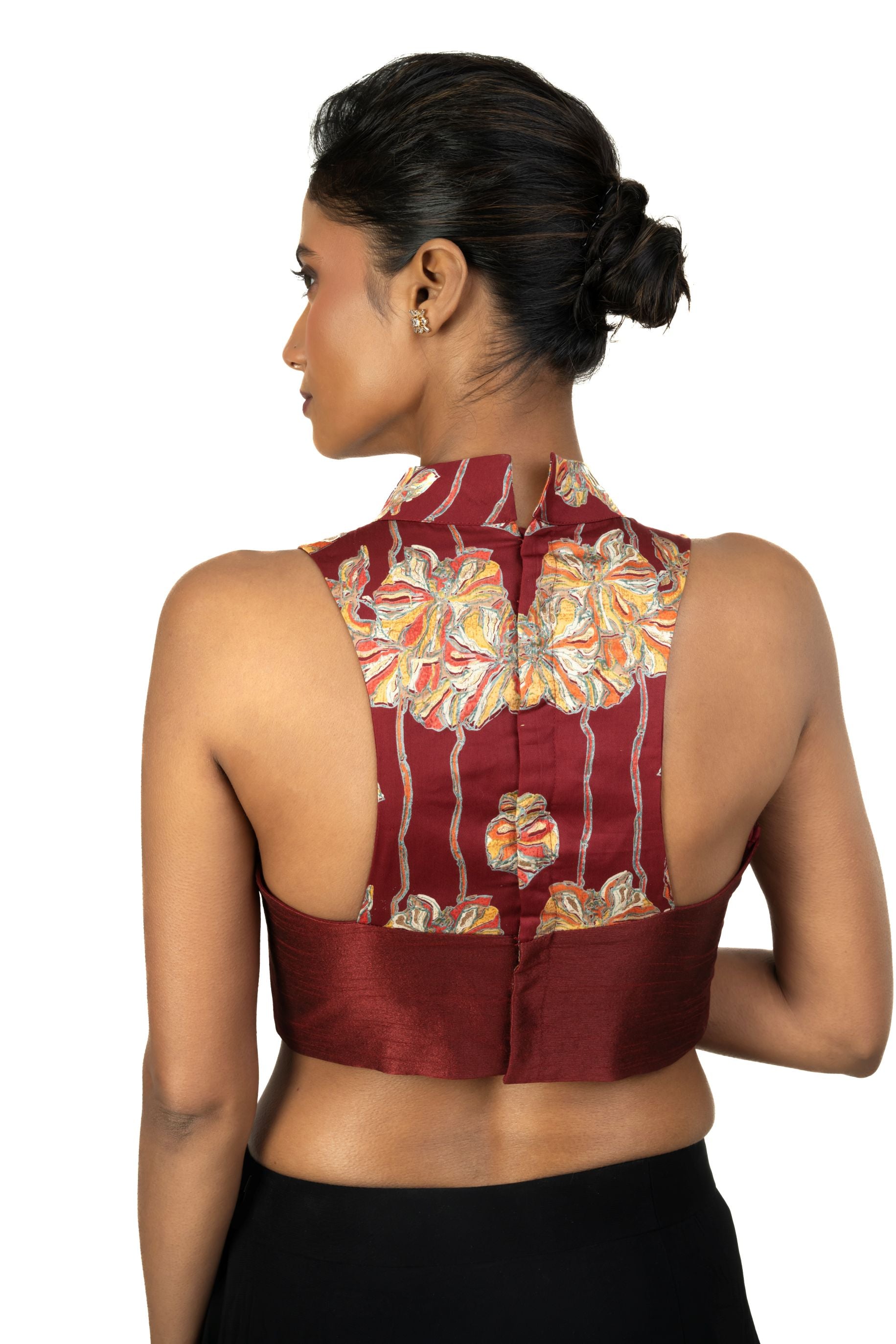 Maroon Raw Silk Multicolor Halter Neck Blouse - image 4
