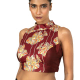 Maroon Raw Silk Multicolor Halter Neck Blouse - image 1