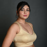 Cream Sleeveless Blouse in Cotton with Back Cutout with Deep V Neckline - Anvi Couture