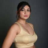 Cream Sleeveless Blouse in Cotton with Back Cutout with Deep V Neckline - Anvi Couture
