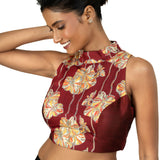 Maroon Raw Silk Multicolor Halter Neck Blouse - image 2