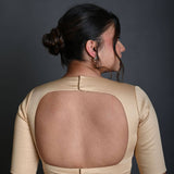 Cream V Neck Blouse in Cotton with Half Sleeves with Back Cutout - Anvi Couture