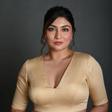 Cream V Neck Blouse in Cotton with Half Sleeves with Back Cutout - Anvi Couture