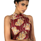 Maroon Raw Silk Multicolor Halter Neck Blouse - image 3