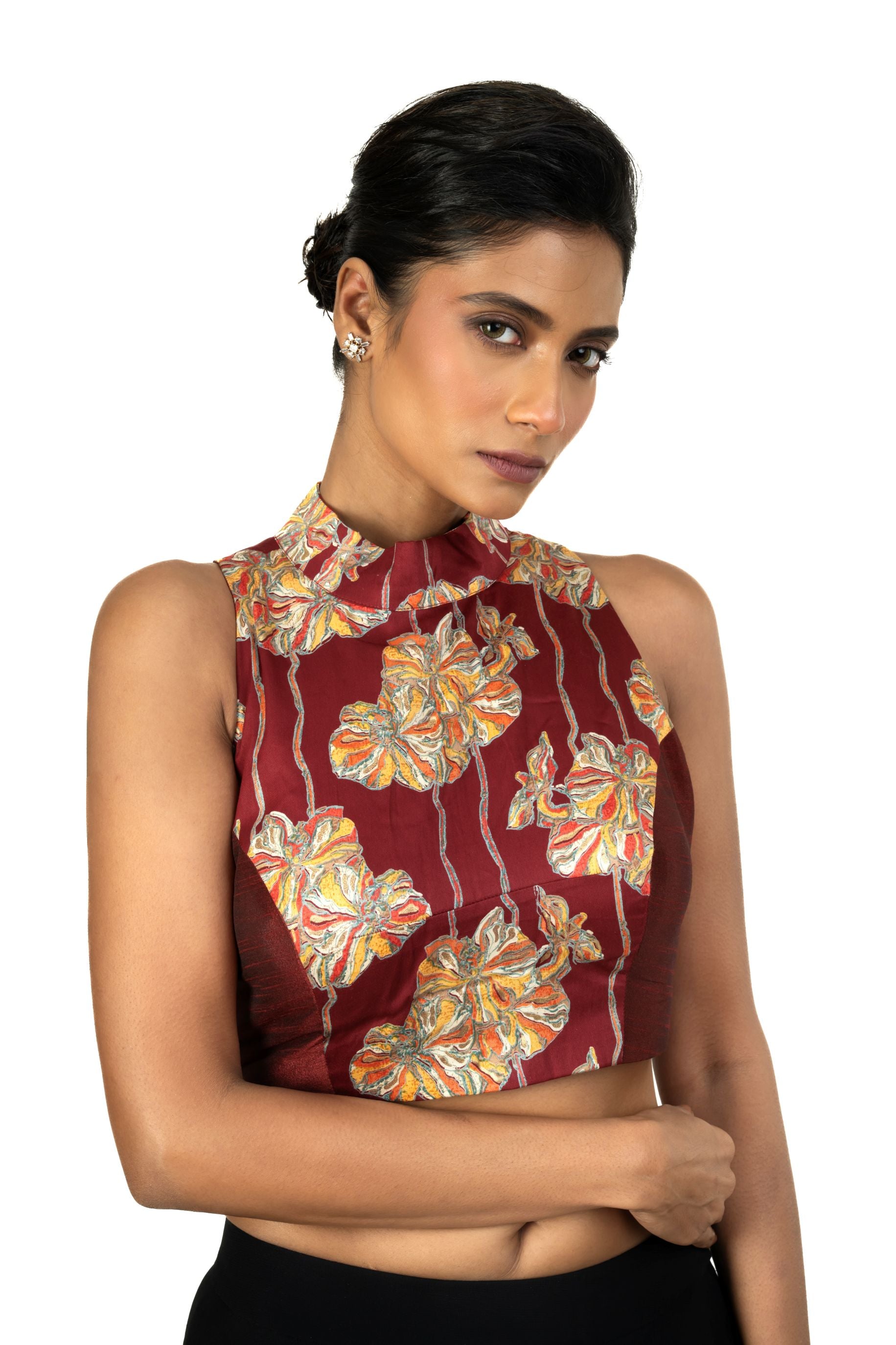 Maroon Raw Silk Multicolor Halter Neck Blouse - image 3