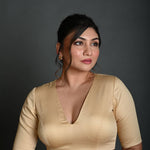 Cream V Neck Blouse in Cotton with Half Sleeves with Back Cutout - Anvi Couture