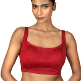 Red Wide U Neckline Cotton Silk Sleeveless Blouse - image 1
