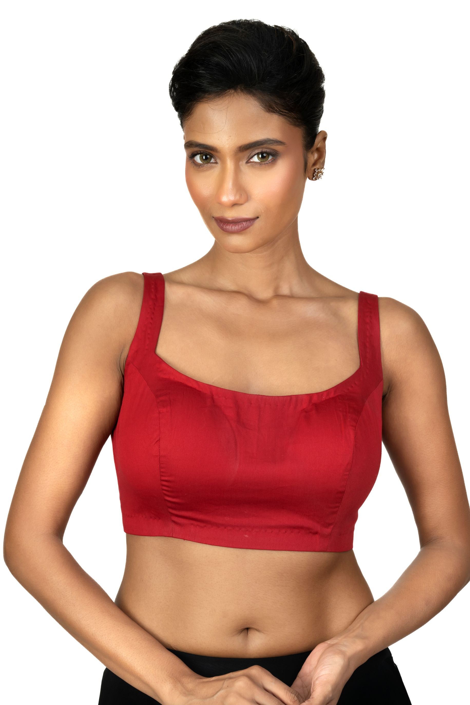 Red Wide U Neckline Cotton Silk Sleeveless Blouse - image 1