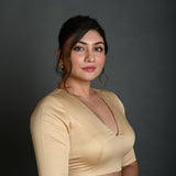 Cream V Neck Blouse in Cotton with Half Sleeves with Back Cutout - Anvi Couture