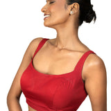Red Wide U Neckline Cotton Silk Sleeveless Blouse - image 2