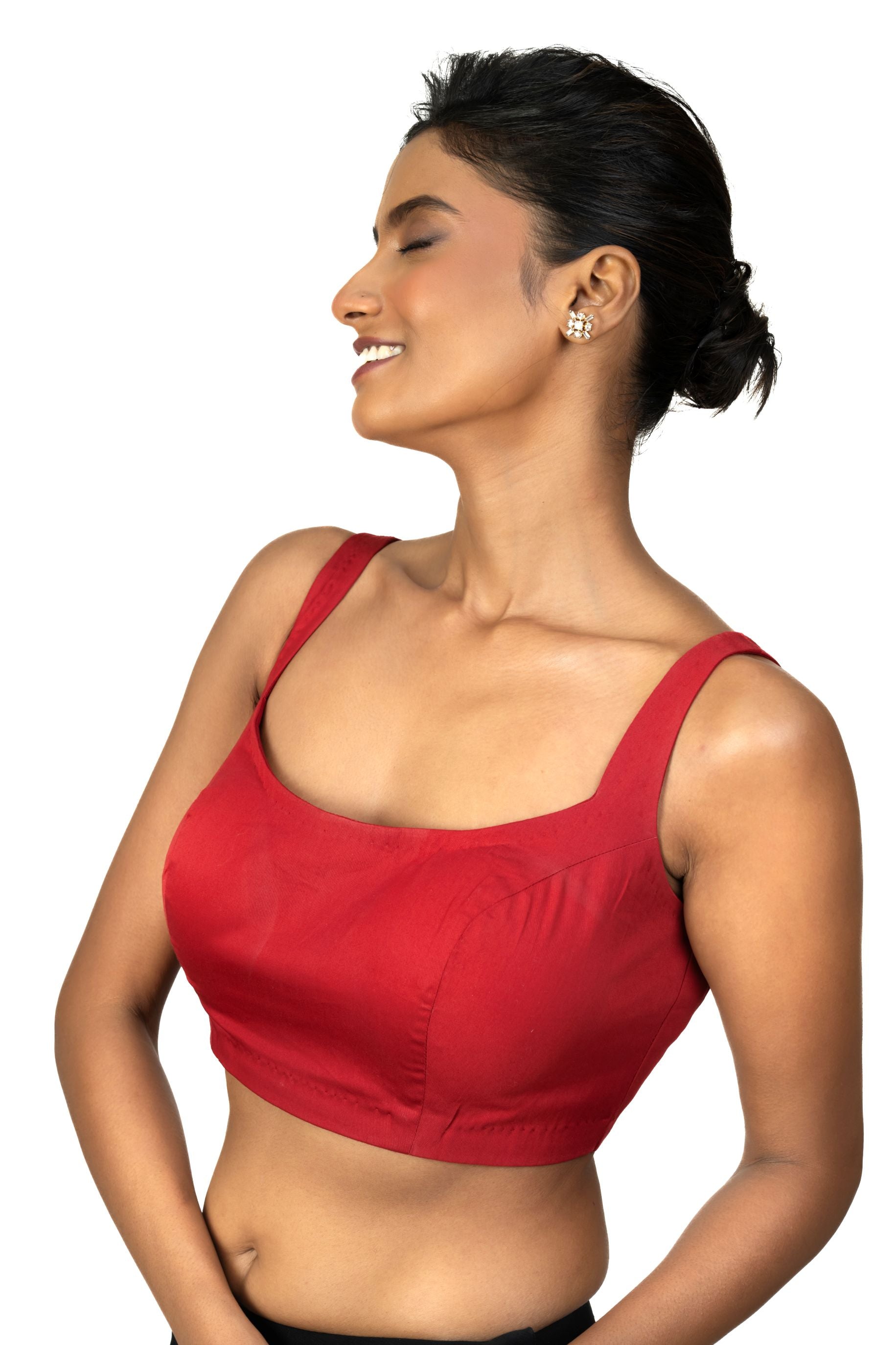Red Wide U Neckline Cotton Silk Sleeveless Blouse - image 2