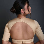 Cream Half Sleeve Blouse in Cotton with Deep V Neckline - Anvi Couture