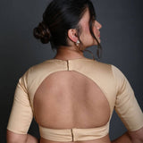 Cream Half Sleeve Blouse in Cotton with Deep V Neckline - Anvi Couture