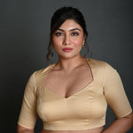 Cream Half Sleeve Blouse in Cotton with Deep V Neckline - Anvi Couture