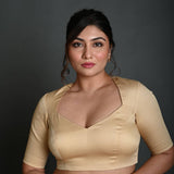Cream Half Sleeve Blouse in Cotton with Deep V Neckline - Anvi Couture