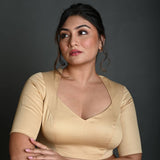Cream Half Sleeve Blouse in Cotton with Deep V Neckline - Anvi Couture