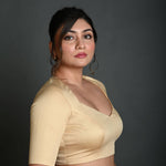 Cream Half Sleeve Blouse in Cotton with Deep V Neckline - Anvi Couture