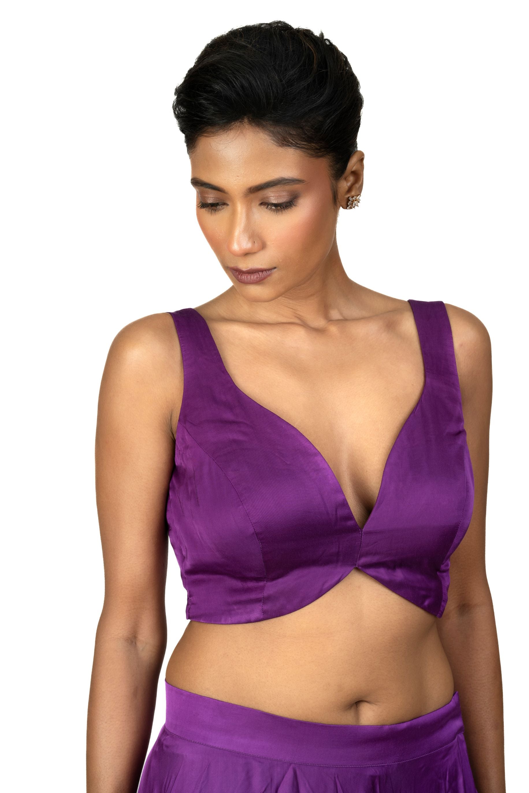 Purple Sleeveless Cotton Silk Blouse with Sweetheart Neckline - image 2