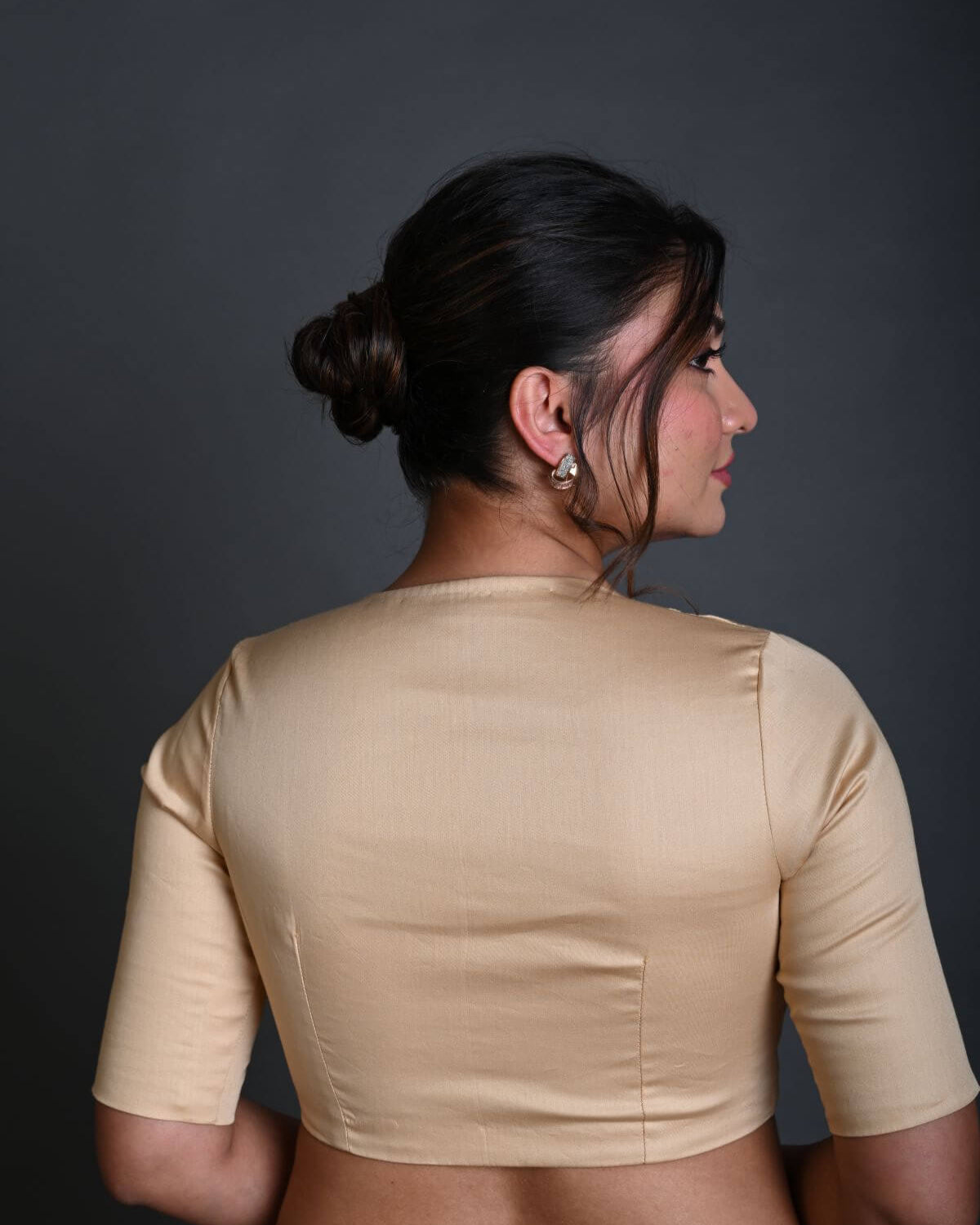 Cream Half Sleeve Blouse in Cotton with Round Neckline - Anvi Couture