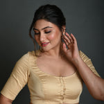 Cream Half Sleeve Blouse in Cotton with Round Neckline - Anvi Couture