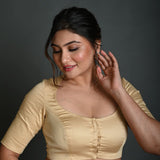 Cream Half Sleeve Blouse in Cotton with Round Neckline - Anvi Couture