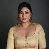 Cream Half Sleeve Blouse in Cotton with Round Neckline - Anvi Couture